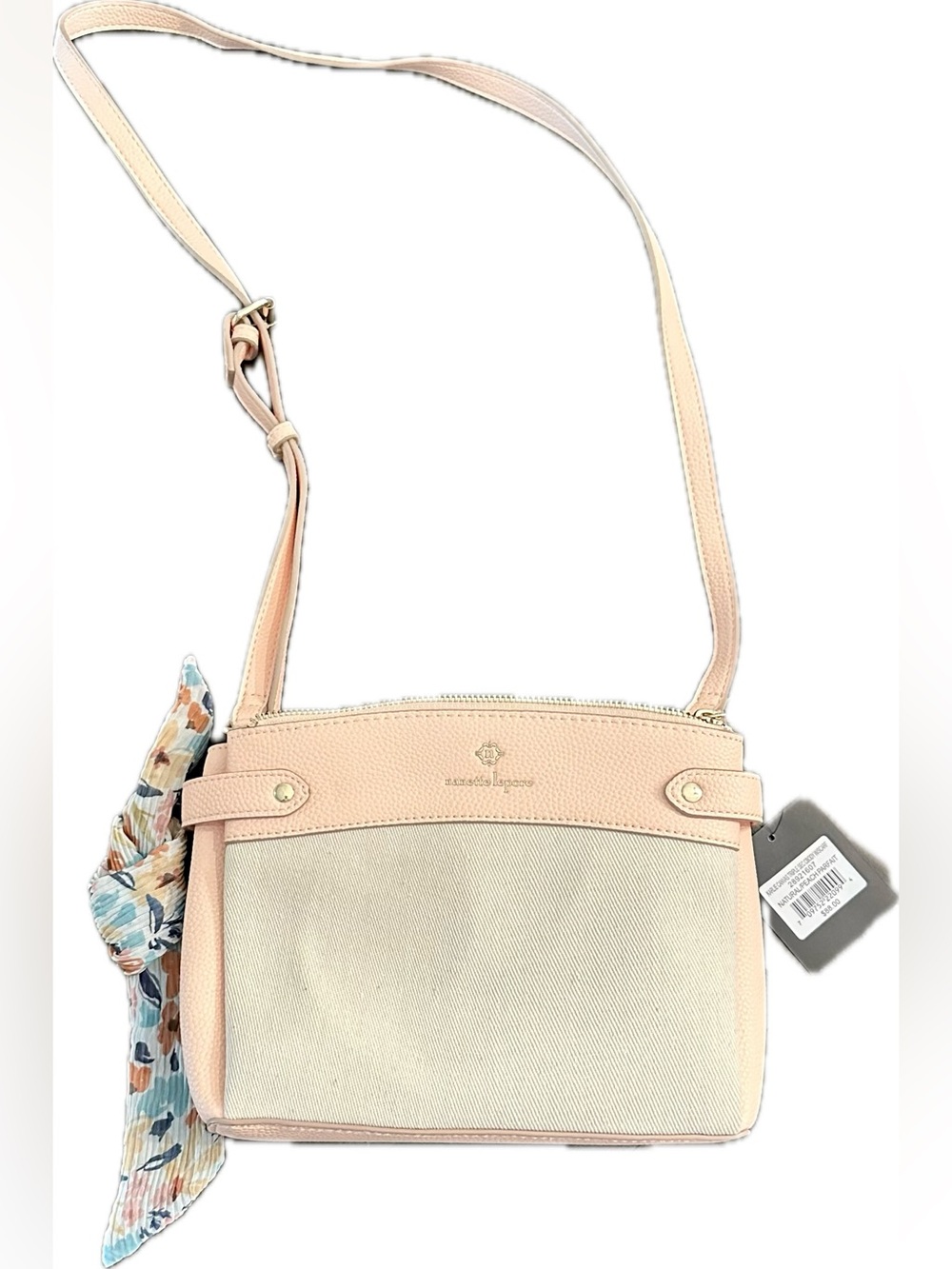 NWT Nanette Lepore Peach Pink and Cream Canvas Crossbody with Scarf Accent